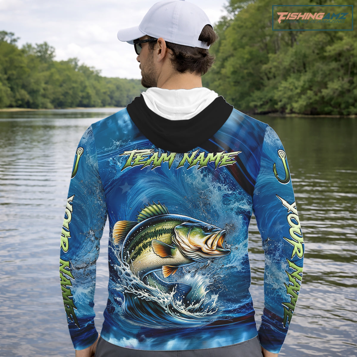 Blue Camo Bass Fishing Custom Performance Long Sleeve Hooded Fishing Shirts Bass Fishing Team Shirts NBT1038