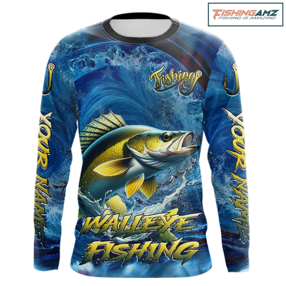 Blue Camo Walleye Fishing Custom Performance Long Sleeve Fishing Shirts Walleye Fishing Team Shirts NBT1039