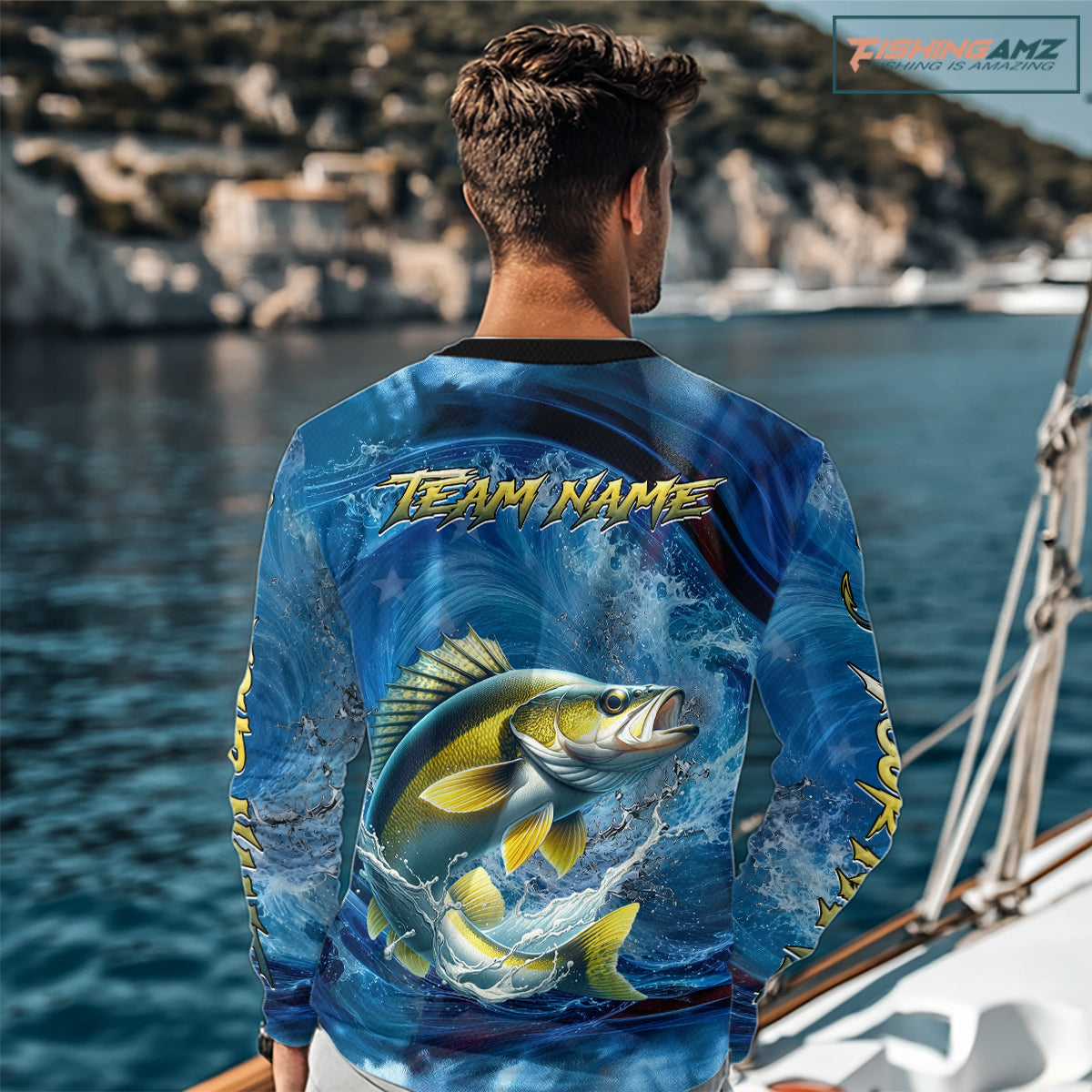 Blue Camo Walleye Fishing Custom Performance Long Sleeve Fishing Shirts Walleye Fishing Team Shirts NBT1039