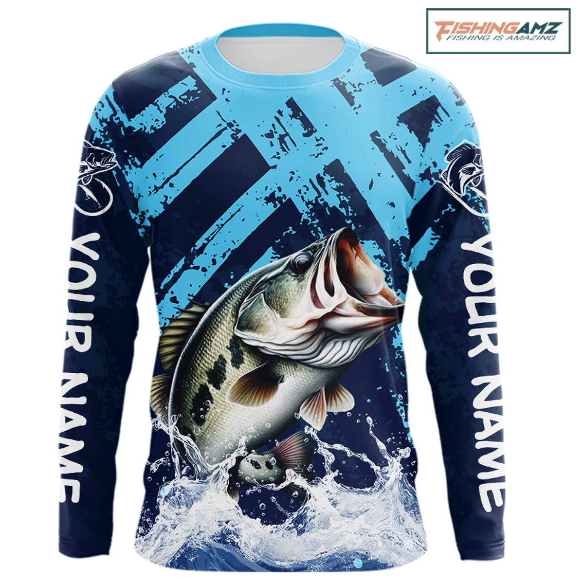 Bass Fishing Blue Camo Long Sleeve Fishing Shirts UV Protection, Bass Fishing Jerseys NBT460