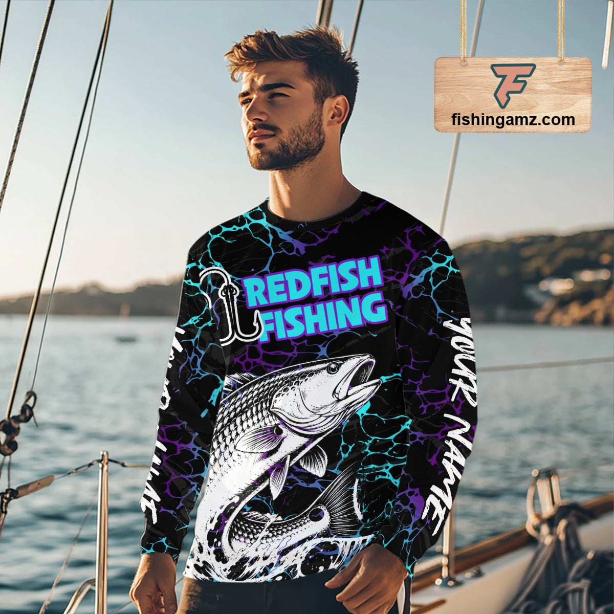 Angler wearing Redfish Fishing neon blue long sleeve saltwater fishing shirt on the boat
