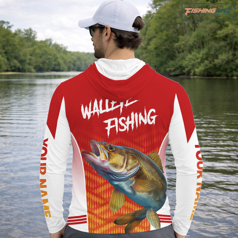 Walleye Hooded Fishing Shirts Red Camo For Men, Walleye Fishing Apparel NBT365
