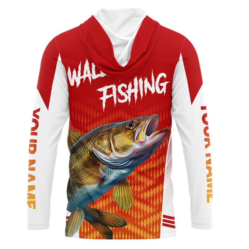 Walleye Hooded Fishing Shirts Red Camo For Men, Walleye Fishing Apparel NBT365