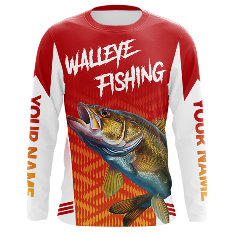 Walleye Fishing Shirts Long Sleeve Red Camo For Men, Walleye Fishing Apparel NBT365