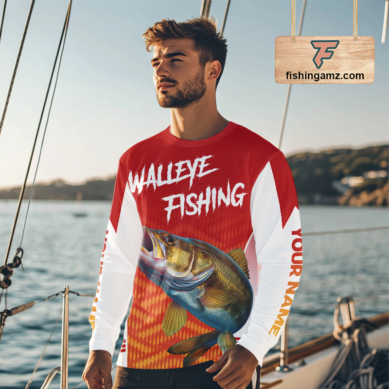 Walleye Fishing Shirts Long Sleeve Red Camo For Men, Walleye Fishing Apparel NBT365