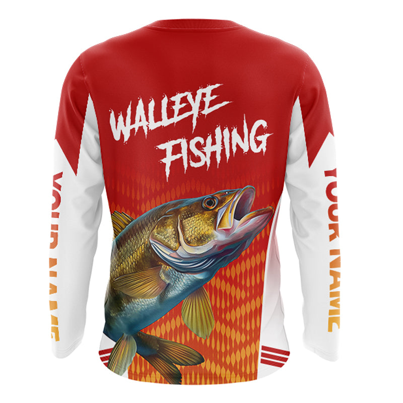 Walleye Fishing Shirts Long Sleeve Red Camo For Men, Walleye Fishing Apparel NBT365