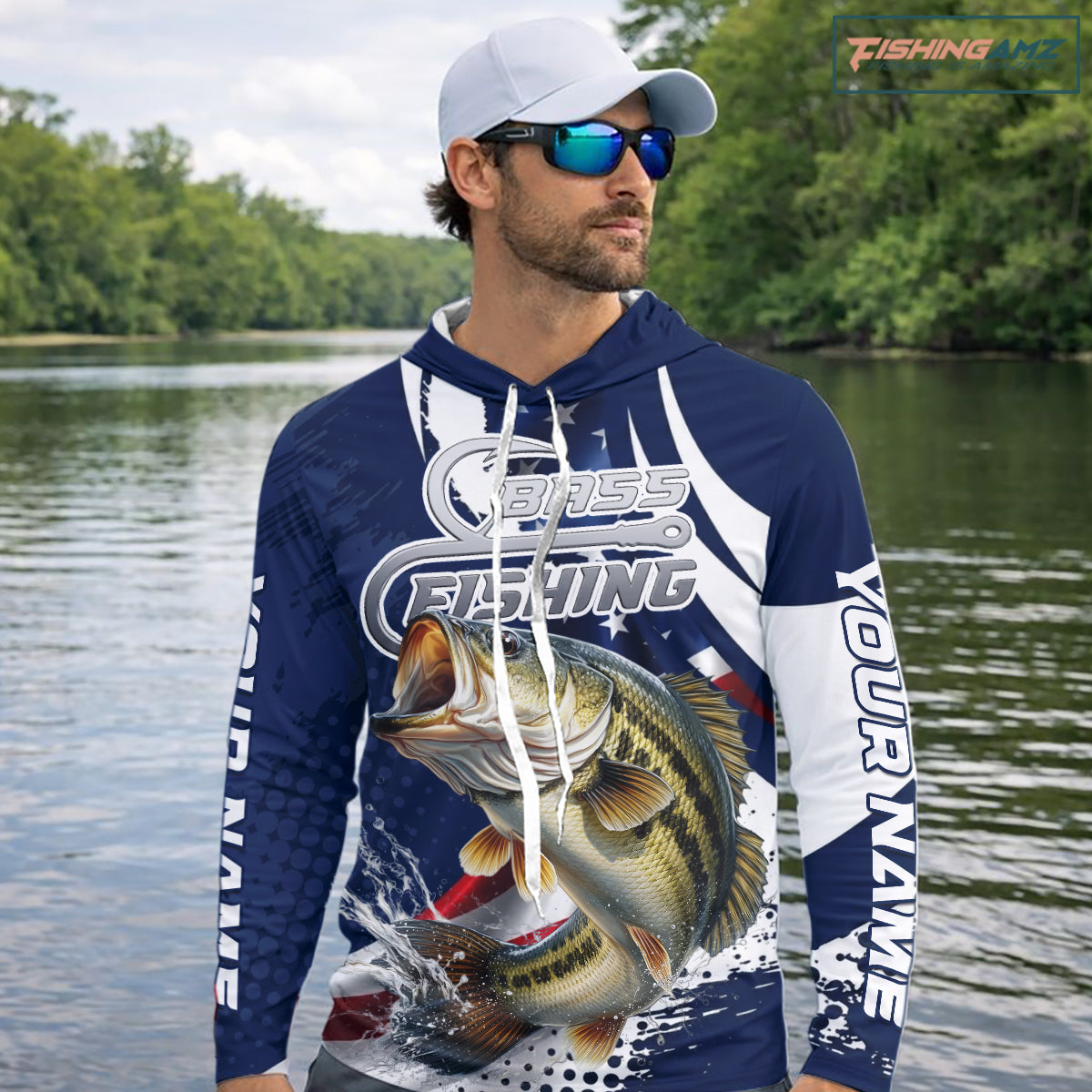 Bass Fishing American Flag Custom Long Sleeve Hooded Tournament Fishing Shirts, Patriotic Bass Fishing Jerseys NBT717