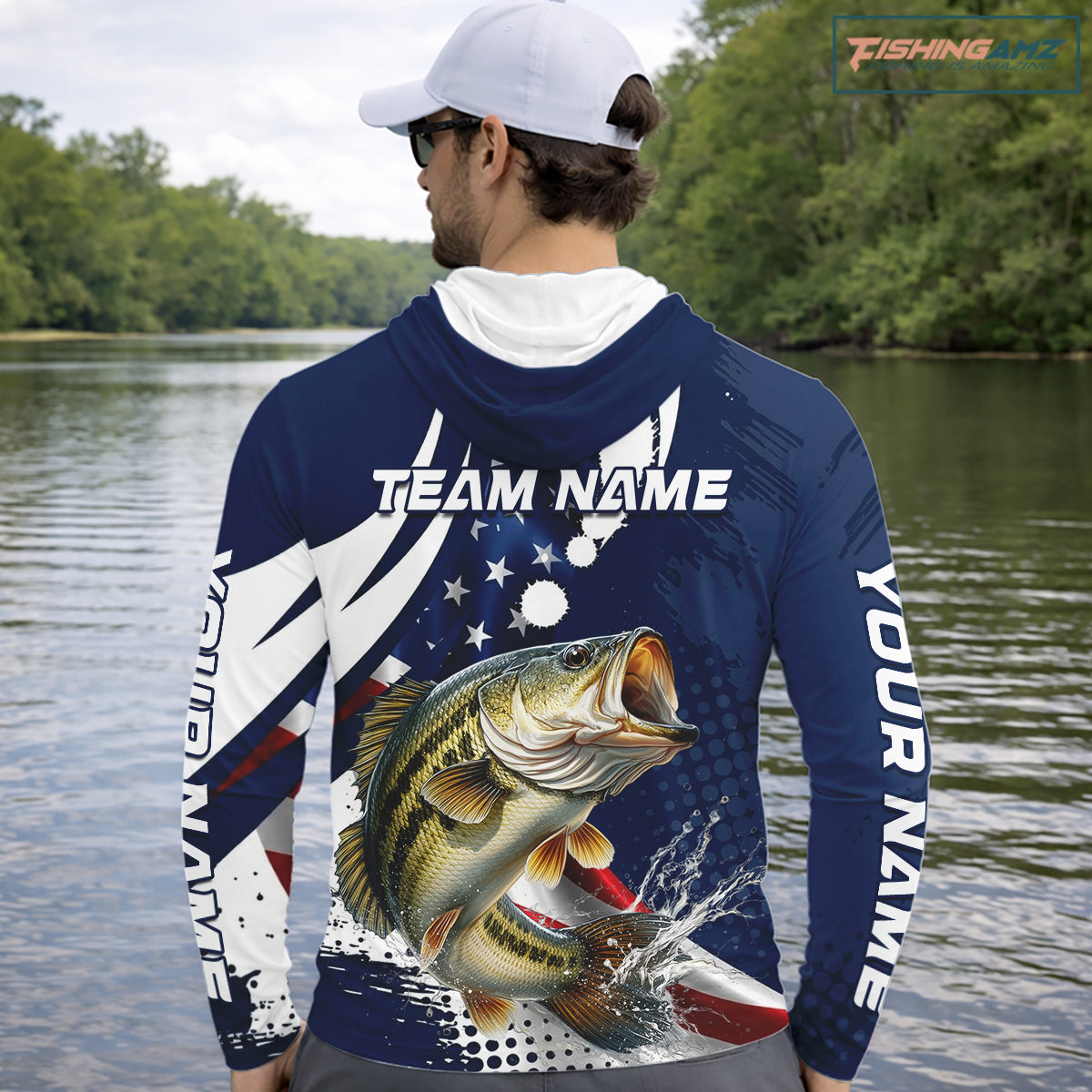 Bass Fishing American Flag Custom Long Sleeve Hooded Tournament Fishing Shirts, Patriotic Bass Fishing Jerseys NBT717