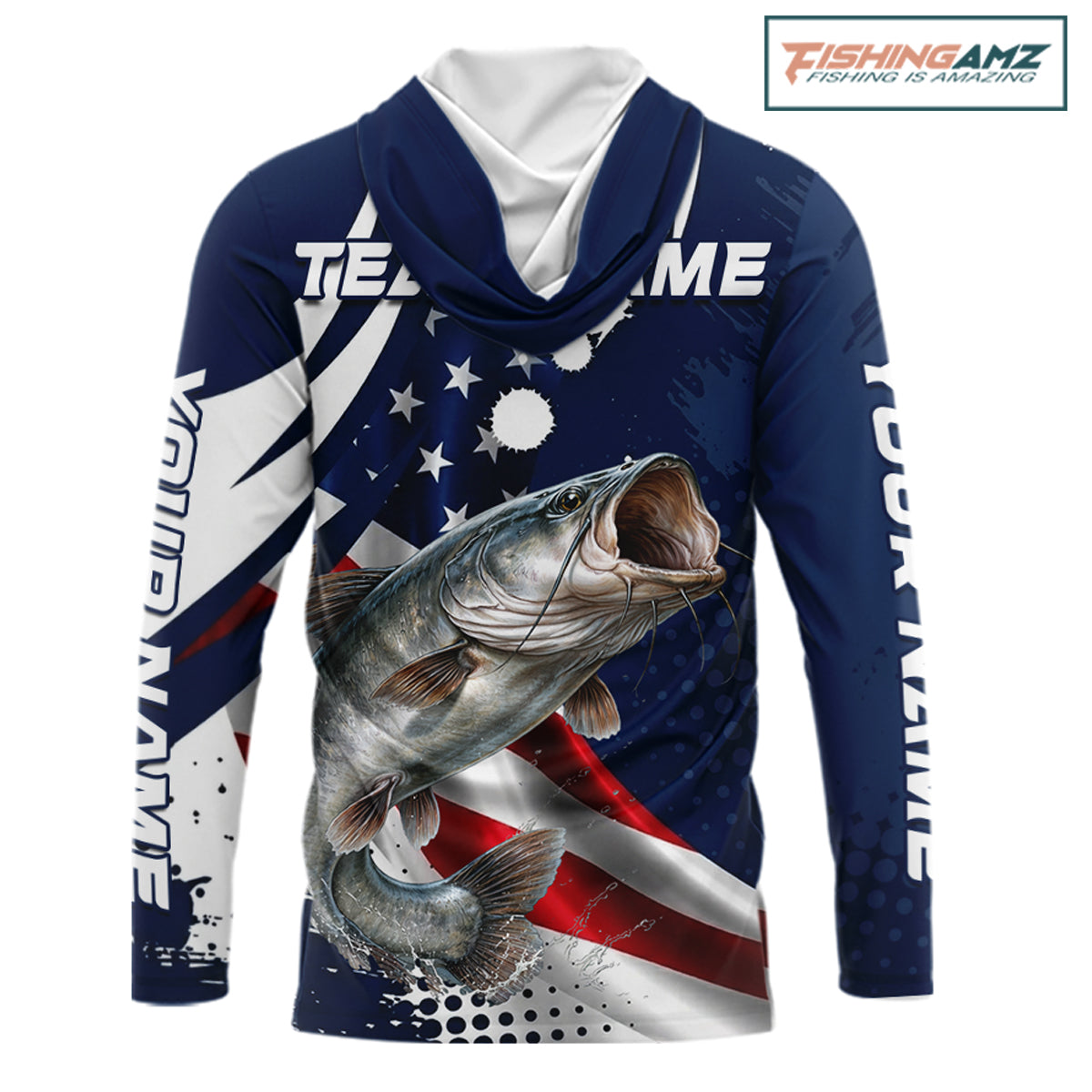 Catfish Fishing American Flag Custom Long Sleeve Hooded Tournament Fishing Shirts, Patriotic Fishing Jerseys NBT718
