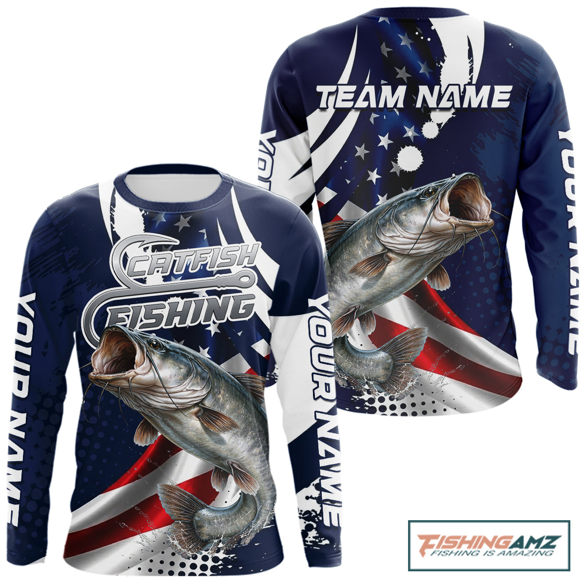 Catfish Fishing American Flag Custom Long Sleeve Tournament Fishing Shirts, Patriotic Fishing Jerseys NBT718