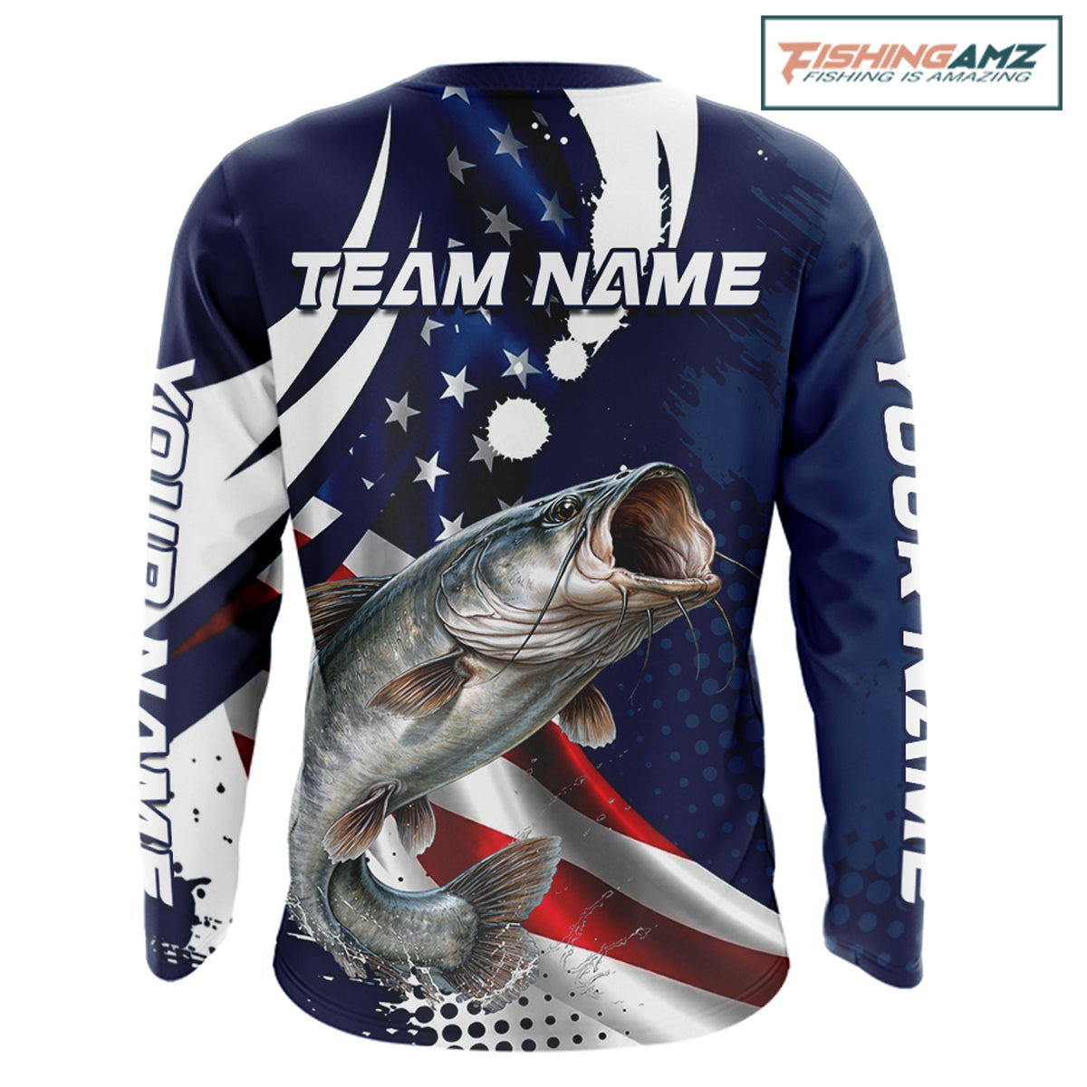 Catfish Fishing American Flag Custom Long Sleeve Tournament Fishing Shirts, Patriotic Fishing Jerseys NBT718