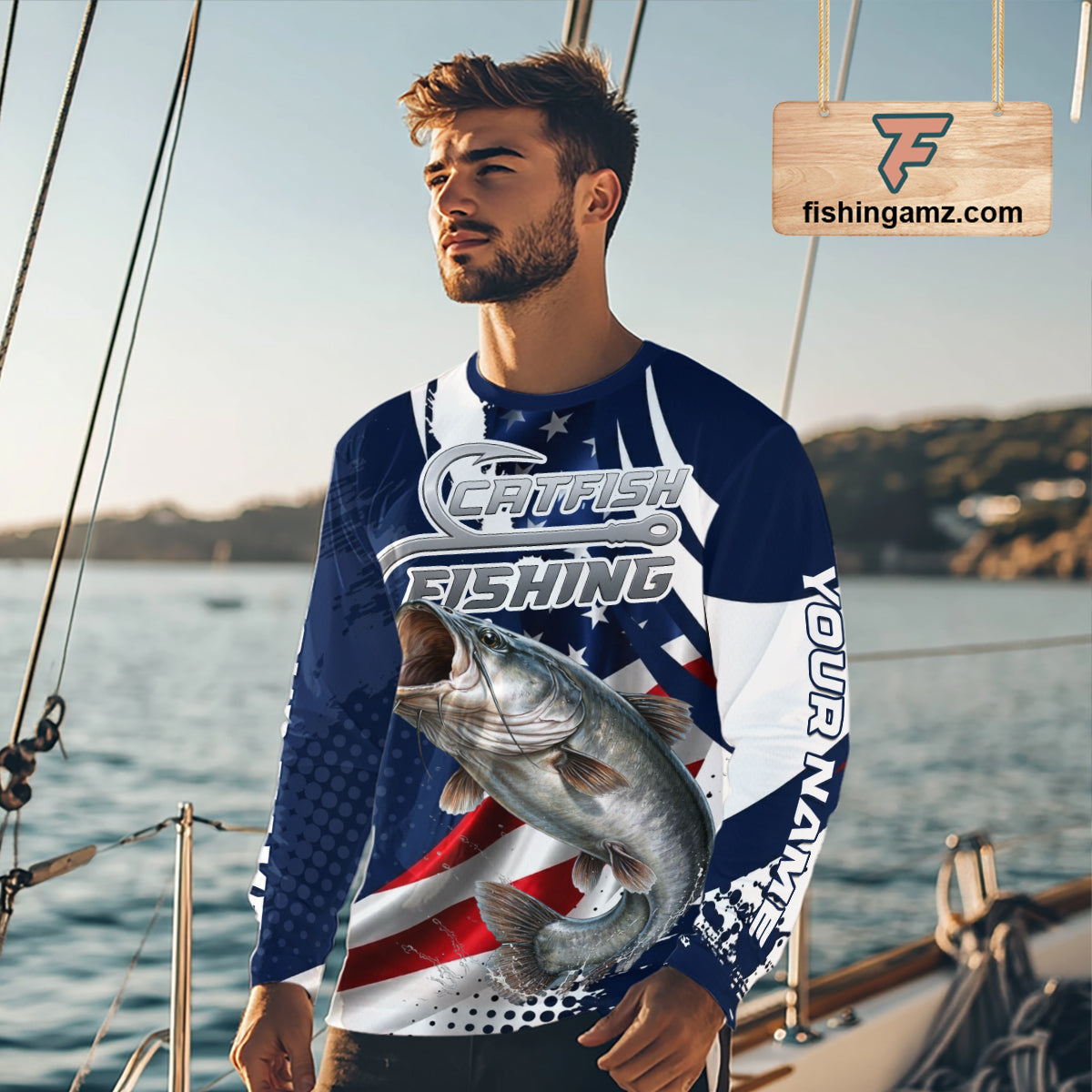 Catfish Fishing American Flag Custom Long Sleeve Tournament Fishing Shirts, Patriotic Fishing Jerseys NBT718
