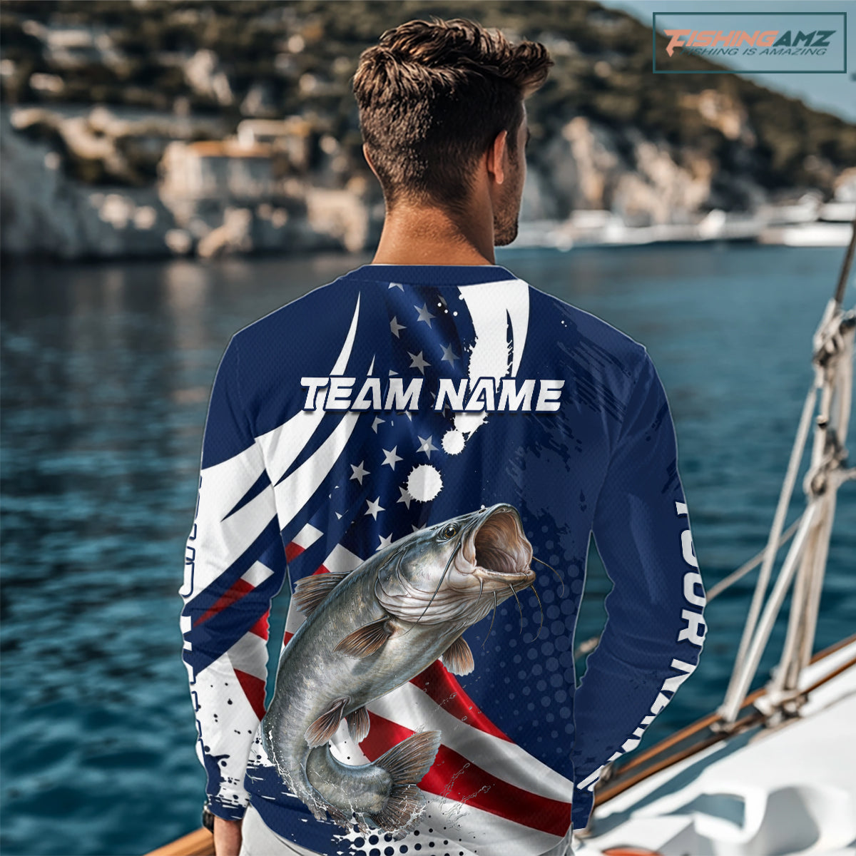 Catfish Fishing American Flag Custom Long Sleeve Tournament Fishing Shirts, Patriotic Fishing Jerseys NBT718
