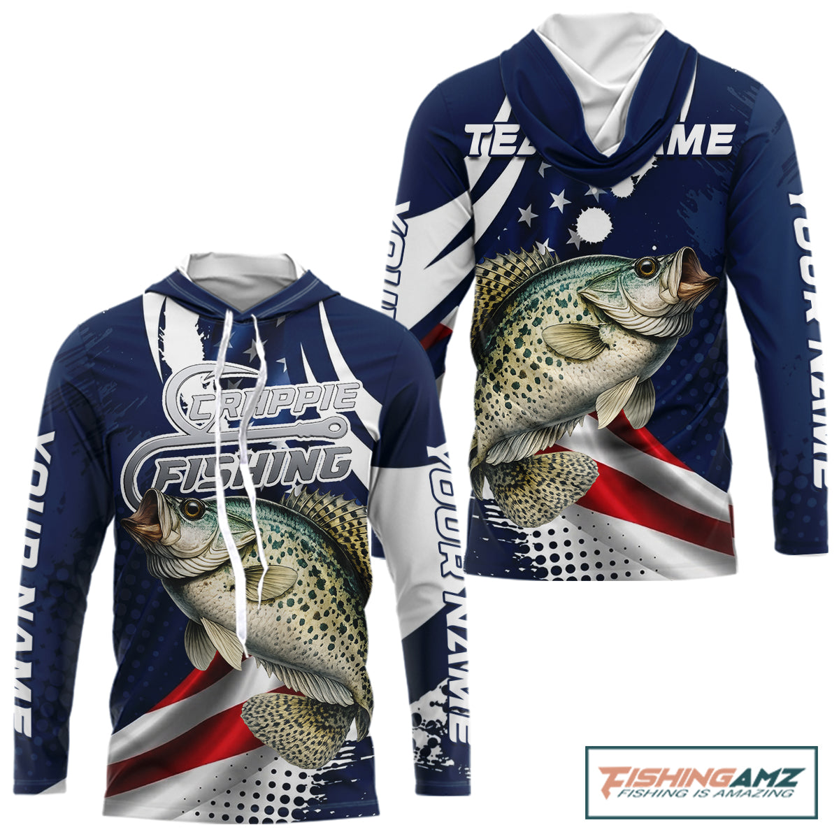Crappie Fishing American Flag Custom Long Sleeve Hooded Tournament Fishing Shirts, Patriotic Crappie Fishing Jerseys NBT719