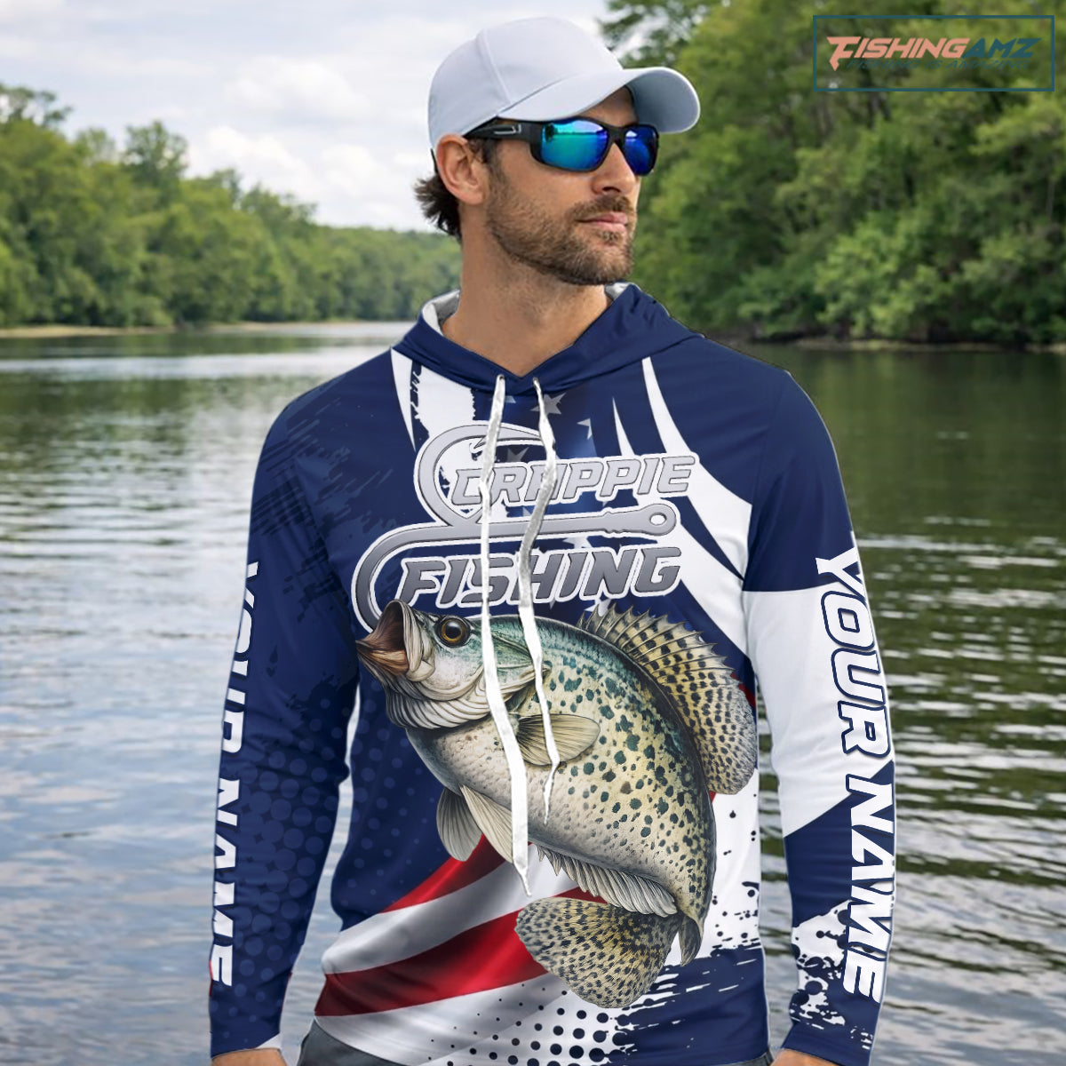 Crappie Fishing American Flag Custom Long Sleeve Hooded Tournament Fishing Shirts, Patriotic Crappie Fishing Jerseys NBT719