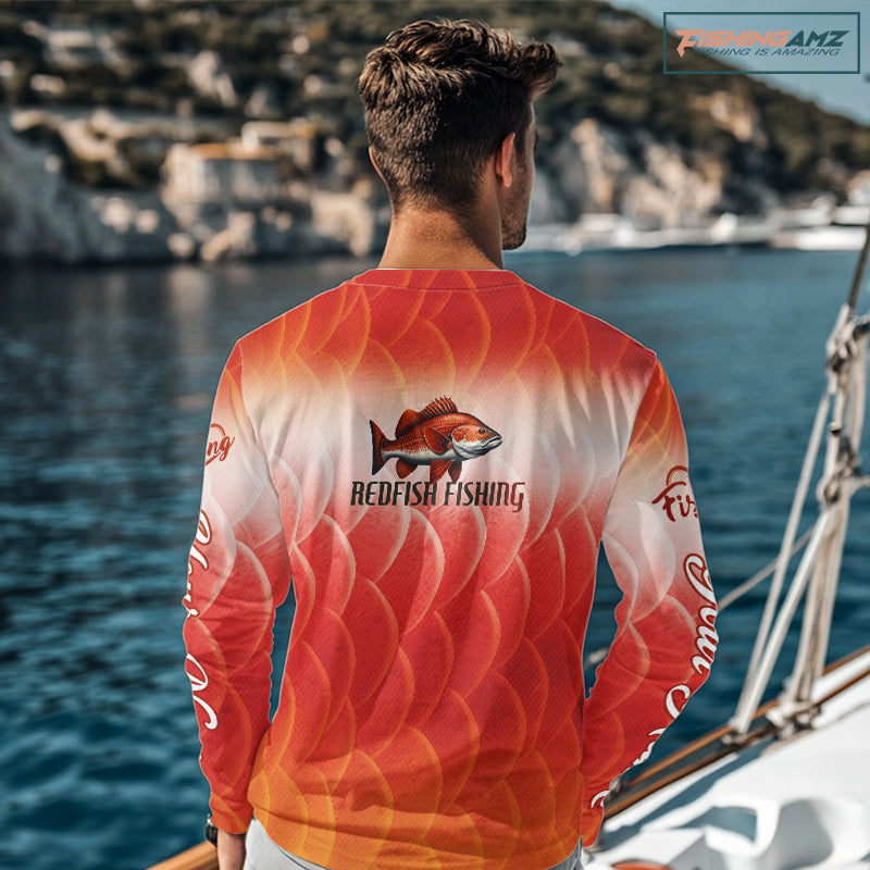 Custom Redfish Long Sleeve Fishing Shirts Fish Scale Red, Redfish Fly Fishing Performance Shirt NBT376