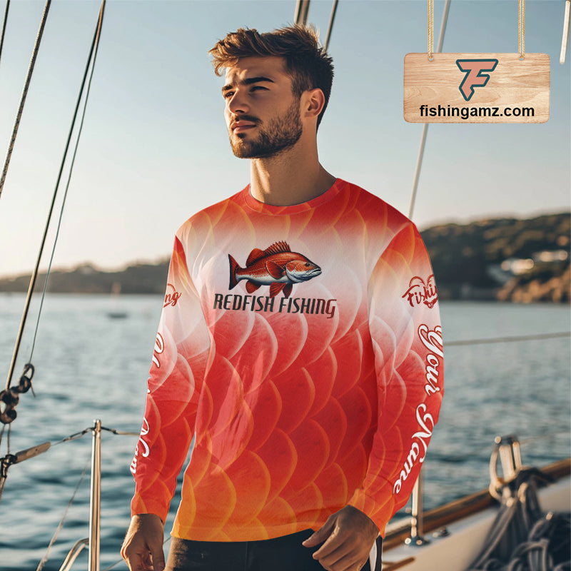 Custom Redfish Long Sleeve Fishing Shirts Fish Scale Red, Redfish Fly Fishing Performance Shirt NBT376