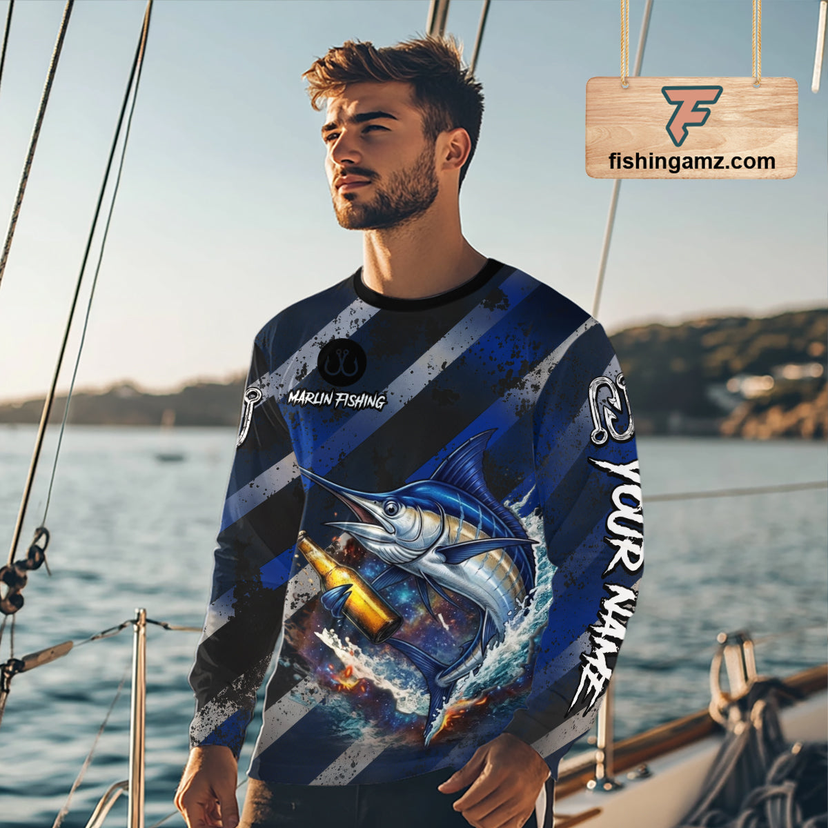 Marlin Fishing Custom Long Sleeve Fishing Shirts, Funny Beer Marlin Fishing Shirt NBT737