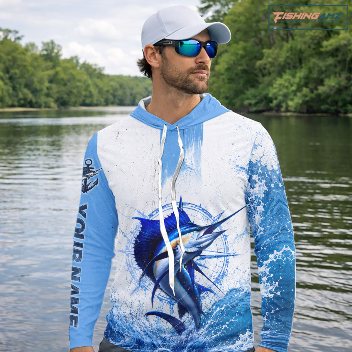 Angler wearing Sailfish Performance Fishing Shirt long sleeve hooded UPF offshore fishing saltwater tournament angler custom name sleeves