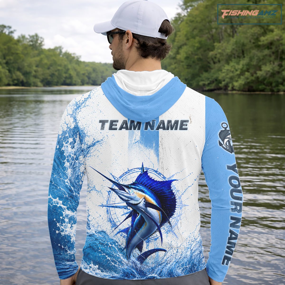 Angler wearing Sailfish Performance Fishing Shirt long sleeve hooded UPF offshore fishing saltwater tournament angler custom team name