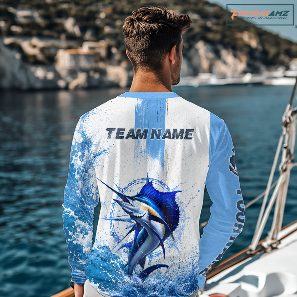 Angler wearing Sailfish performance fishing shirt hooded offshore fishing shirt saltwater fishing with personalized name on the back