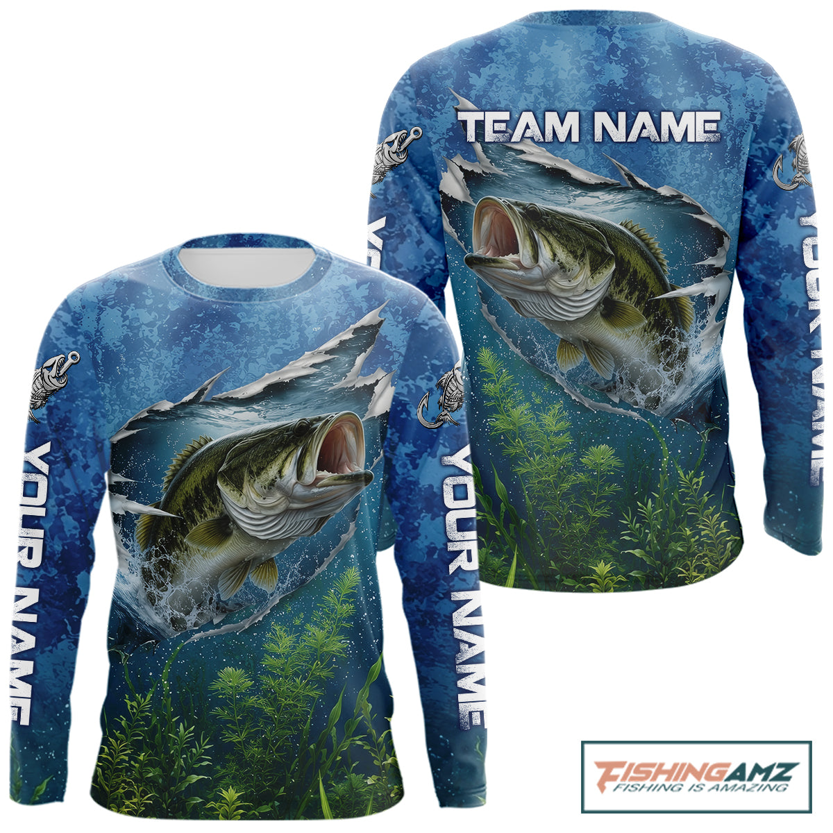 Front and back view Largemouth Bass Fishing Shirt personalized camo long sleeve UPF bass fishing jersey with personalized name