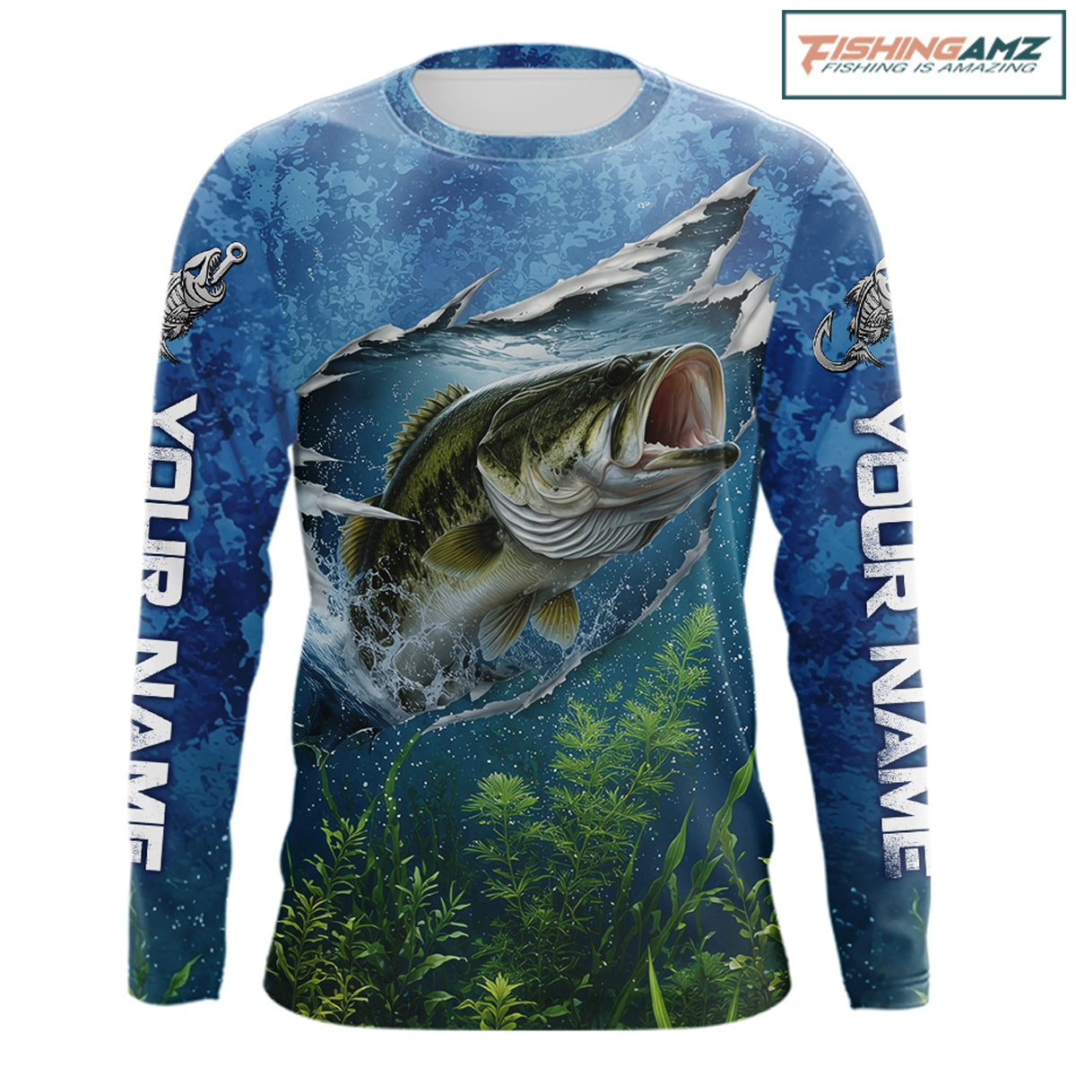 Front view Largemouth Bass Fishing Shirt personalized camo long sleeve UPF bass fishing jersey