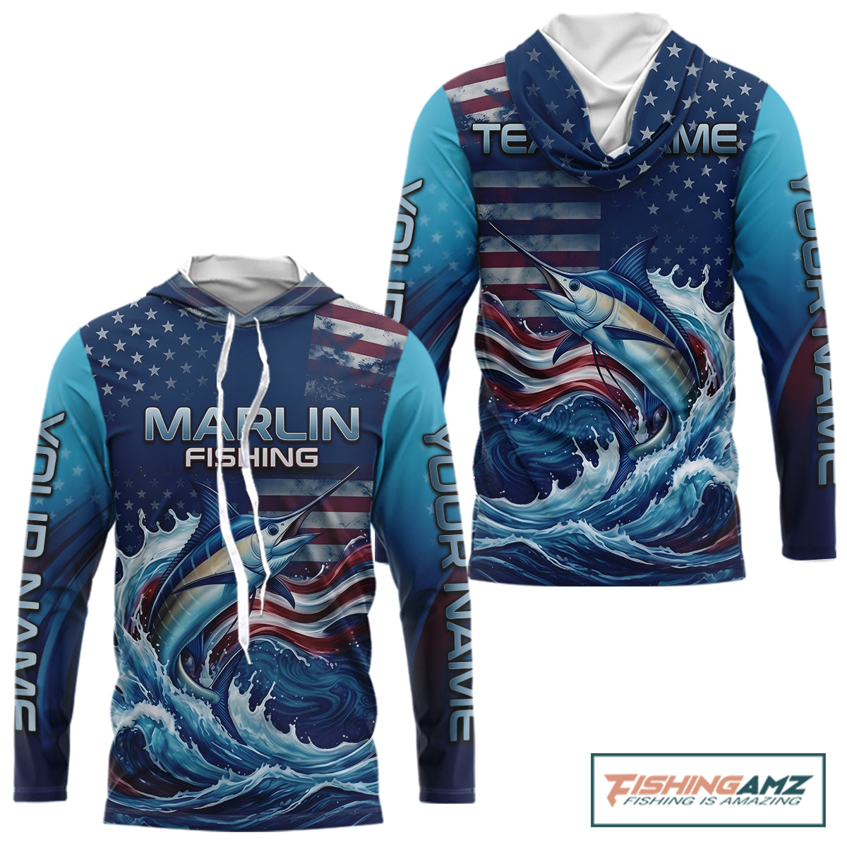 Front and back view American Flag Marlin Fishing Shirt personalized patriotic long sleeve hooded UPF fishing shirt