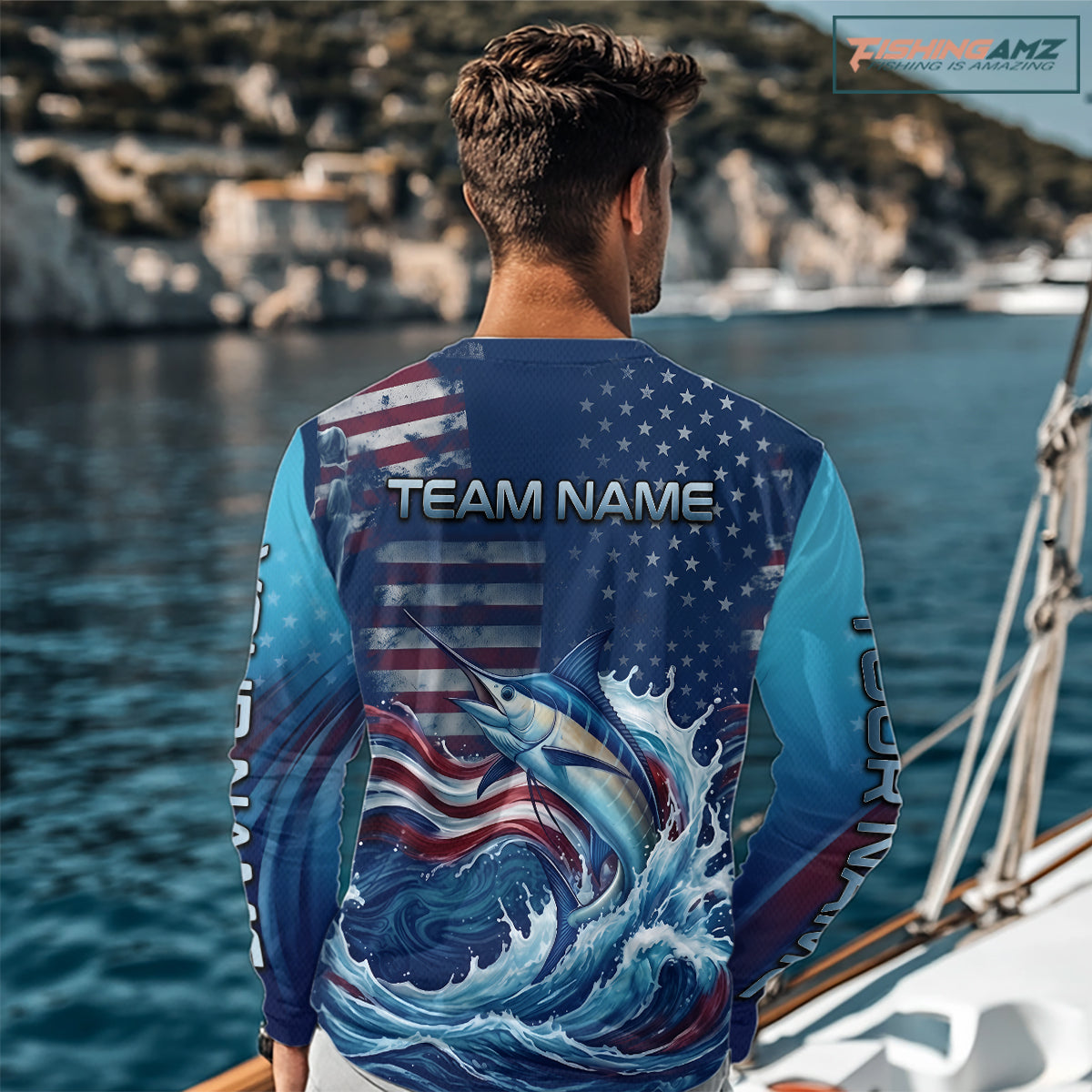 Angler wearing American Flag Marlin Fishing Shirt personalized patriotic long sleeve UPF saltwater fishing with custom name on the back