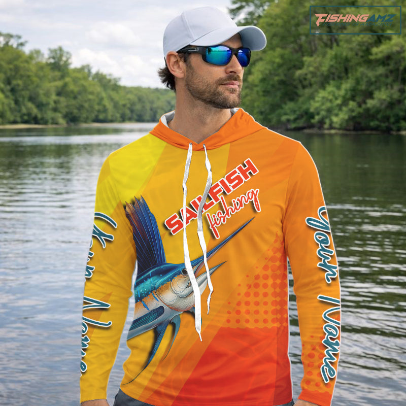 Custom Sailfish Saltwater Long Sleeve Hooded Fishing Shirts, Long Sleeve Performance Fishing Shirts NBT428