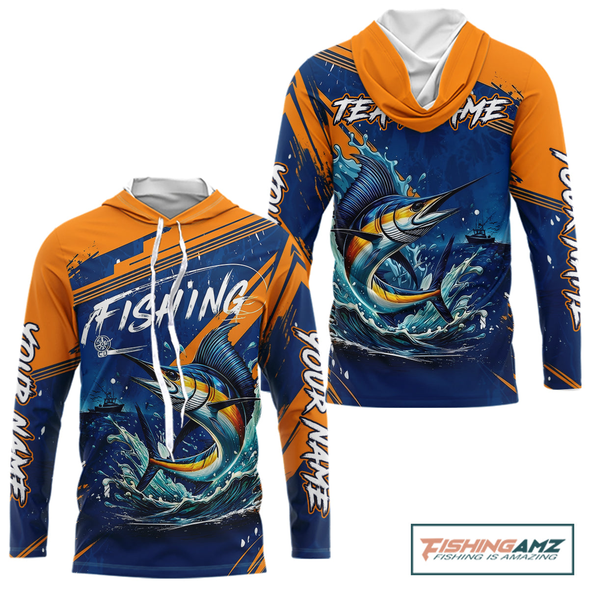 Front and back view of Custom Marlin Fishing Blue Orange long sleeve hooded shirt, Marlin saltwater fishing jersey with UPF protection
