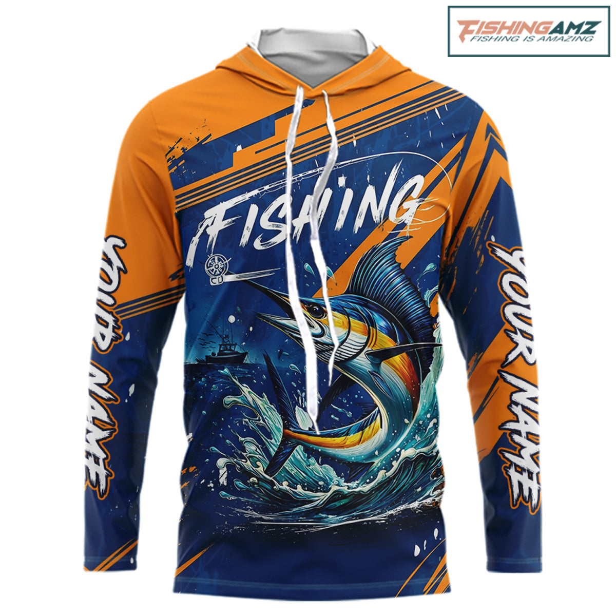Front view Custom Marlin Fishing Blue Orange long sleeve hooded shirt, Marlin saltwater fishing jersey with UPF protection