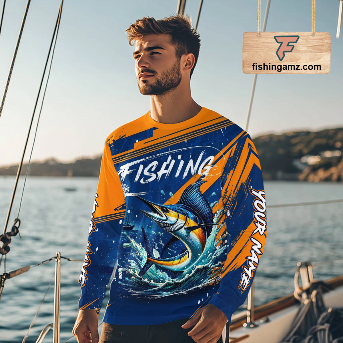 Angler wearing Custom Marlin Fishing Blue Orange long sleeve saltwater fishing jersey on the boat