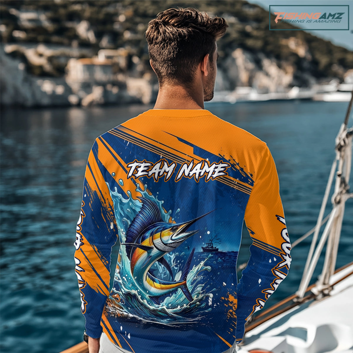 Angler wearing Custom Marlin Fishing Blue Orange long sleeve saltwater fishing jersey on the boat