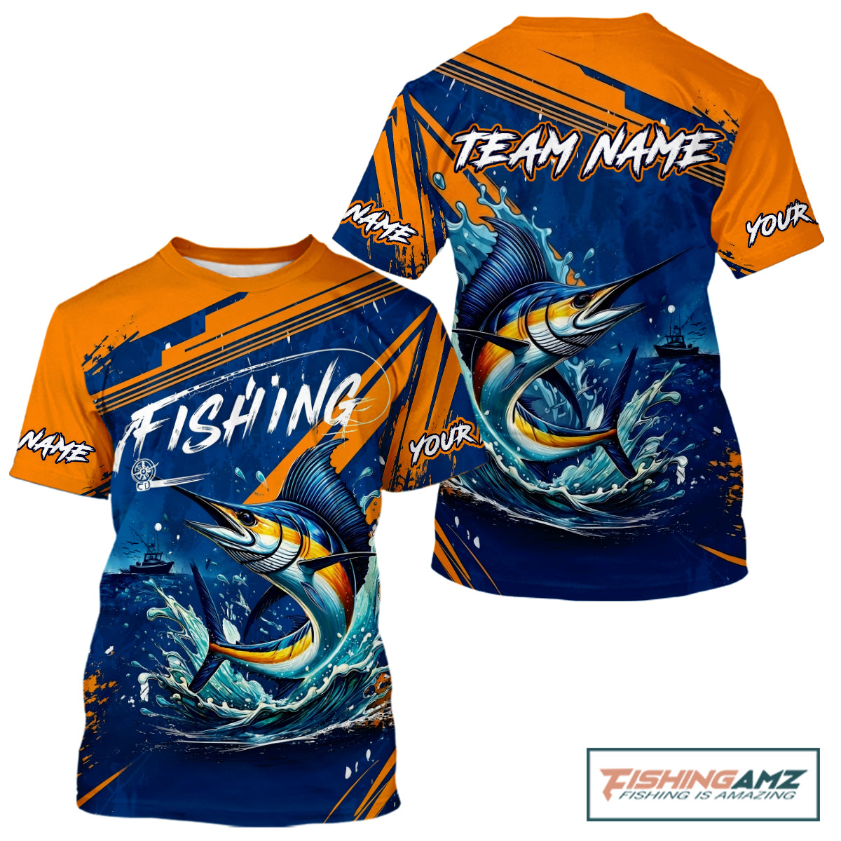 Custom Marlin Fishing Blue Orange Fishing T-Shirts, Marlin Saltwater Fishing Jerseys NBT857