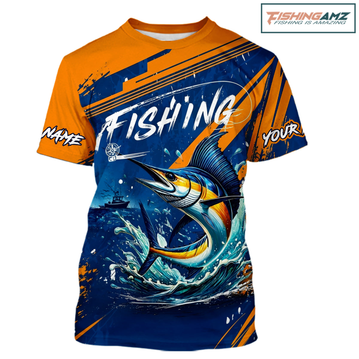 Custom Marlin Fishing Blue Orange Fishing T-Shirts, Marlin Saltwater Fishing Jerseys NBT857