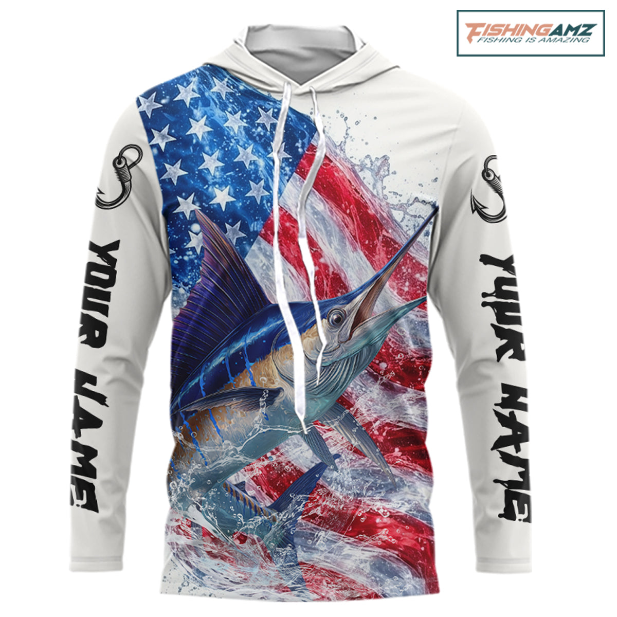 American Flag Patriotic Marlin Fishing Custom Long Sleeve Hooded Shirts, 4th of July Fishing Tournament Shirts NBT526