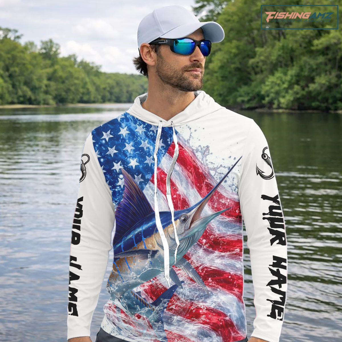 American Flag Patriotic Marlin Fishing Custom Long Sleeve Hooded Shirts, 4th of July Fishing Tournament Shirts NBT526