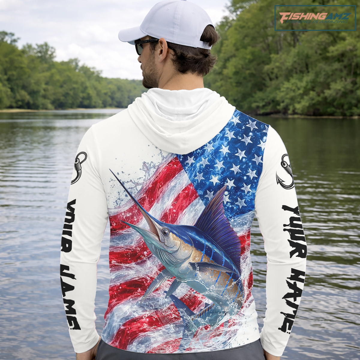 American Flag Patriotic Marlin Fishing Custom Long Sleeve Hooded Shirts, 4th of July Fishing Tournament Shirts NBT526