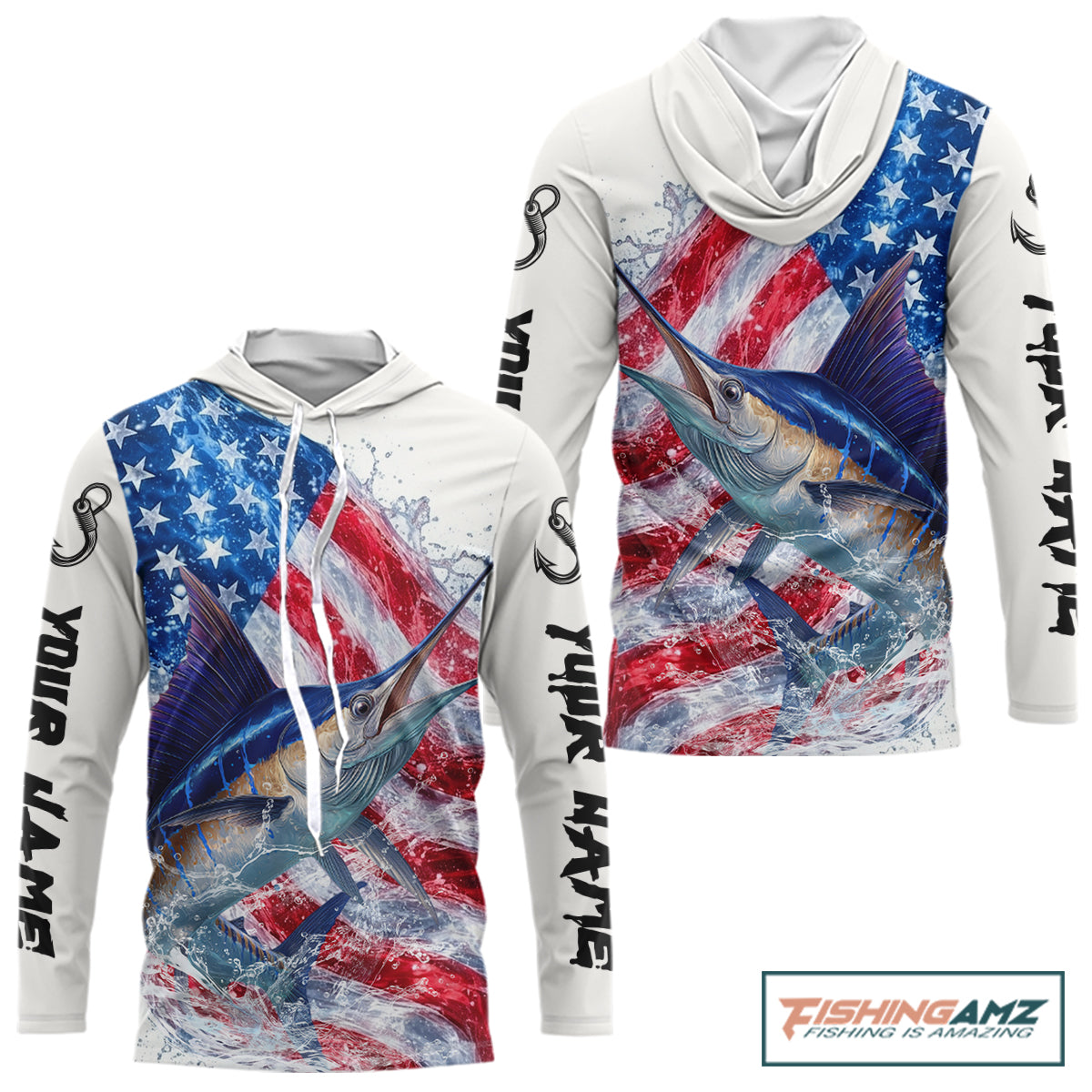 American Flag Patriotic Marlin Fishing Custom Long Sleeve Hooded Shirts, 4th of July Fishing Tournament Shirts NBT526