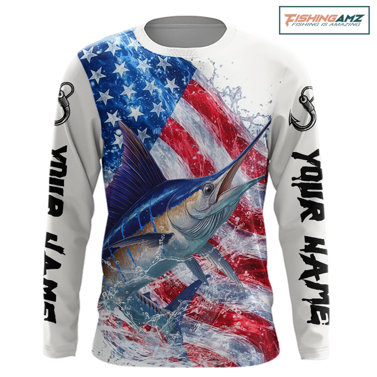 American Flag Patriotic Marlin Fishing Custom Long Sleeve Shirts, 4th of July Fishing Tournament Shirts NBT526