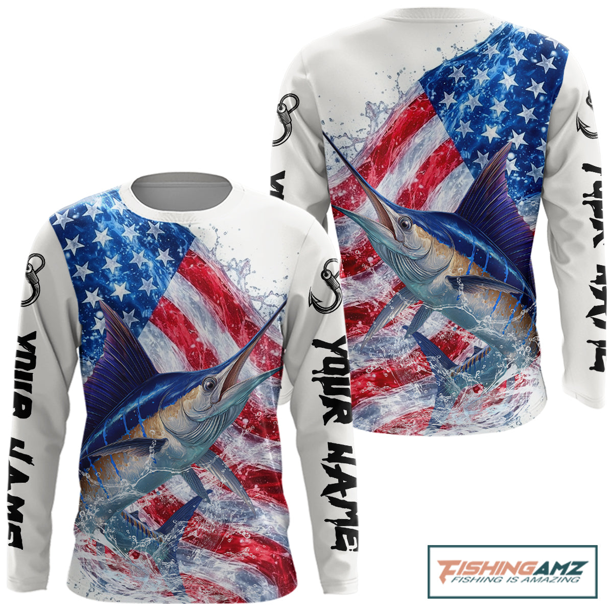 American Flag Patriotic Marlin Fishing Custom Long Sleeve Shirts, 4th of July Fishing Tournament Shirts NBT526