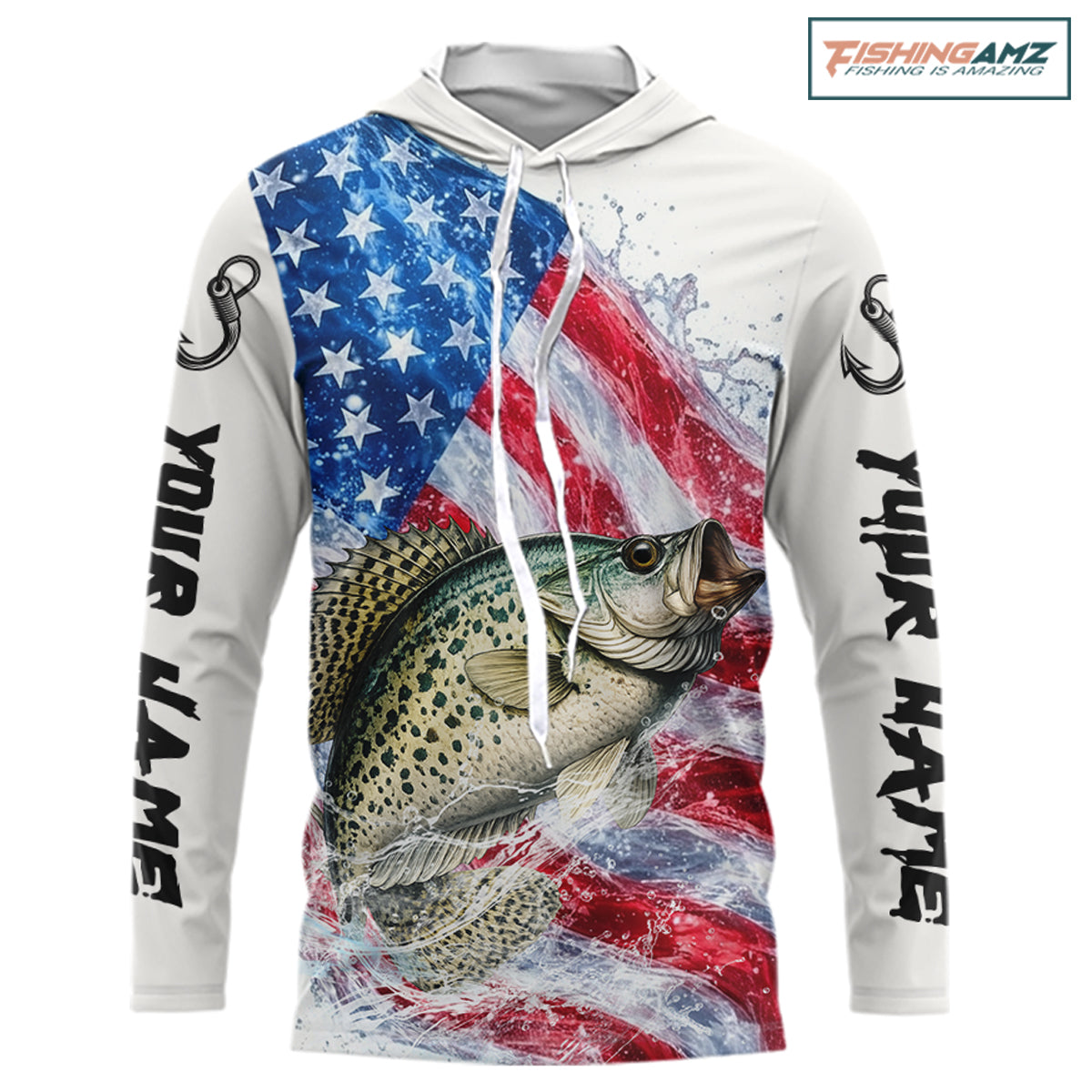 American Flag Patriotic Crappie Fishing Custom Long Sleeve Hooded Shirts, 4th of July Fishing Tournament Shirts NBT525