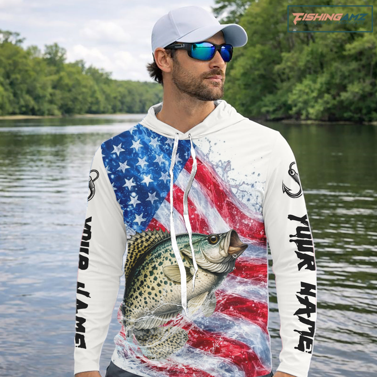 American Flag Patriotic Crappie Fishing Custom Long Sleeve Hooded Shirts, 4th of July Fishing Tournament Shirts NBT525