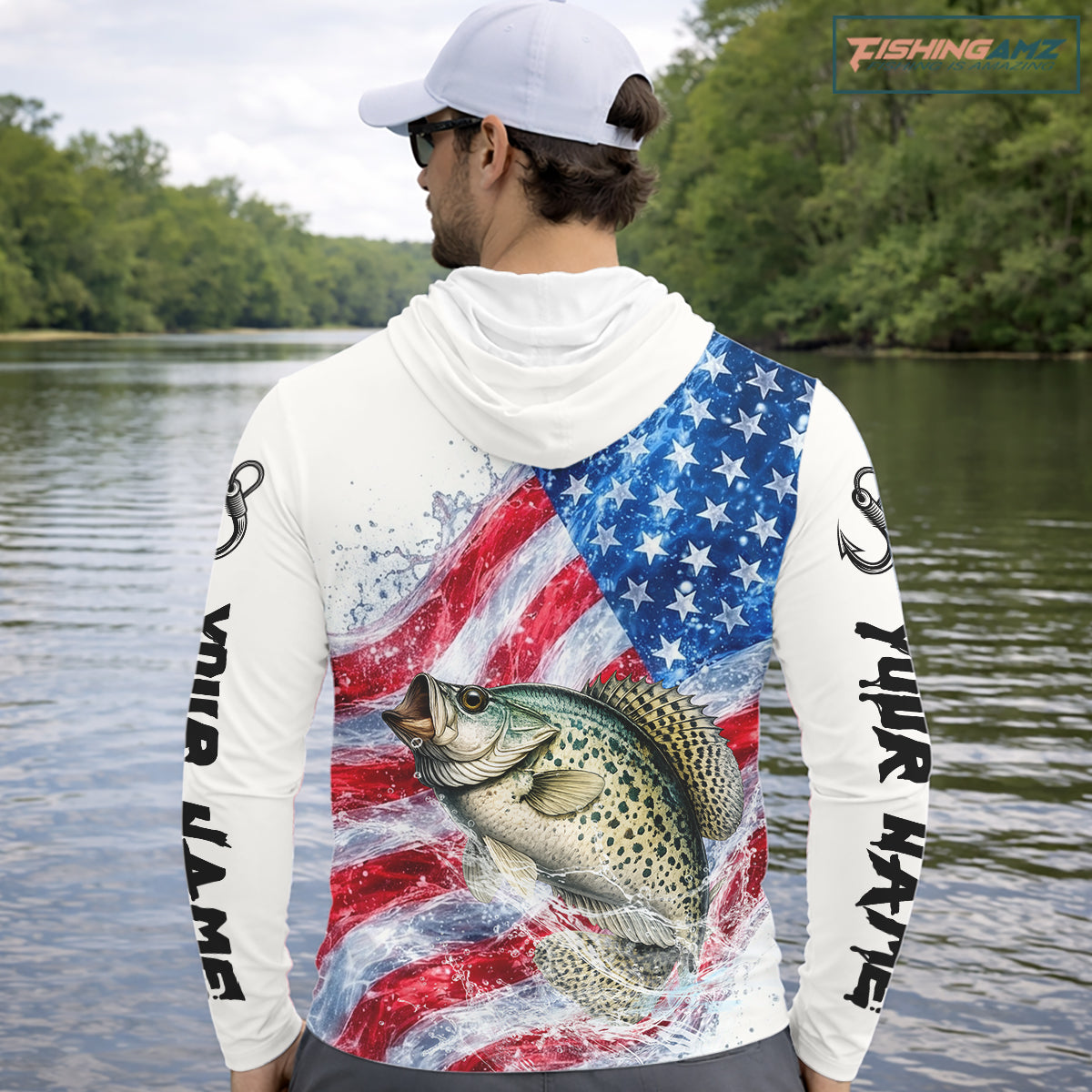 American Flag Patriotic Crappie Fishing Custom Long Sleeve Hooded Shirts, 4th of July Fishing Tournament Shirts NBT525