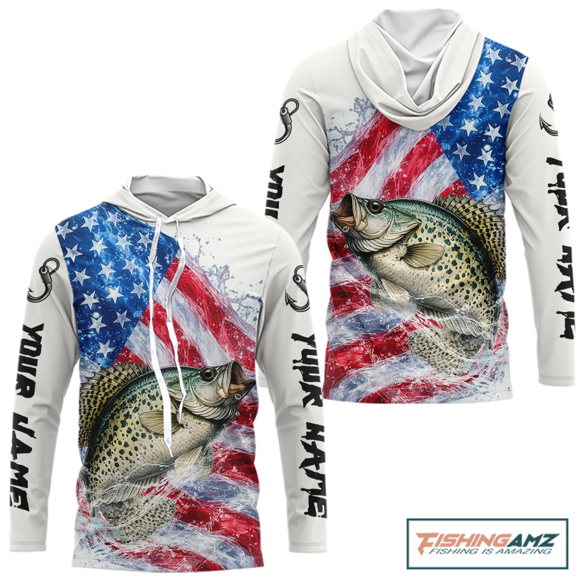 American Flag Patriotic Crappie Fishing Custom Long Sleeve Hooded Shirts, 4th of July Fishing Tournament Shirts NBT525