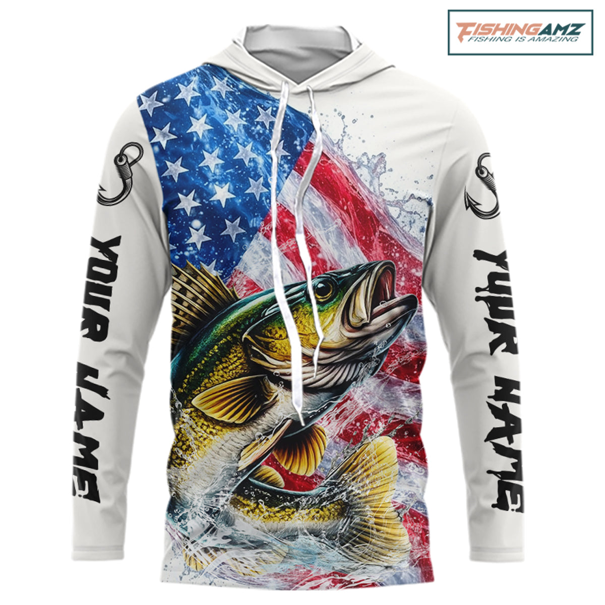 American Flag Patriotic Walleye Fishing Custom Long Sleeve Hooded Shirts, 4th of July Fishing Tournament Shirts NBT527