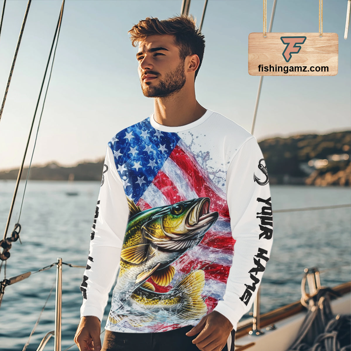 American Flag Patriotic Walleye Fishing Custom Long Sleeve Shirts, 4th of July Fishing Tournament Shirts NBT527