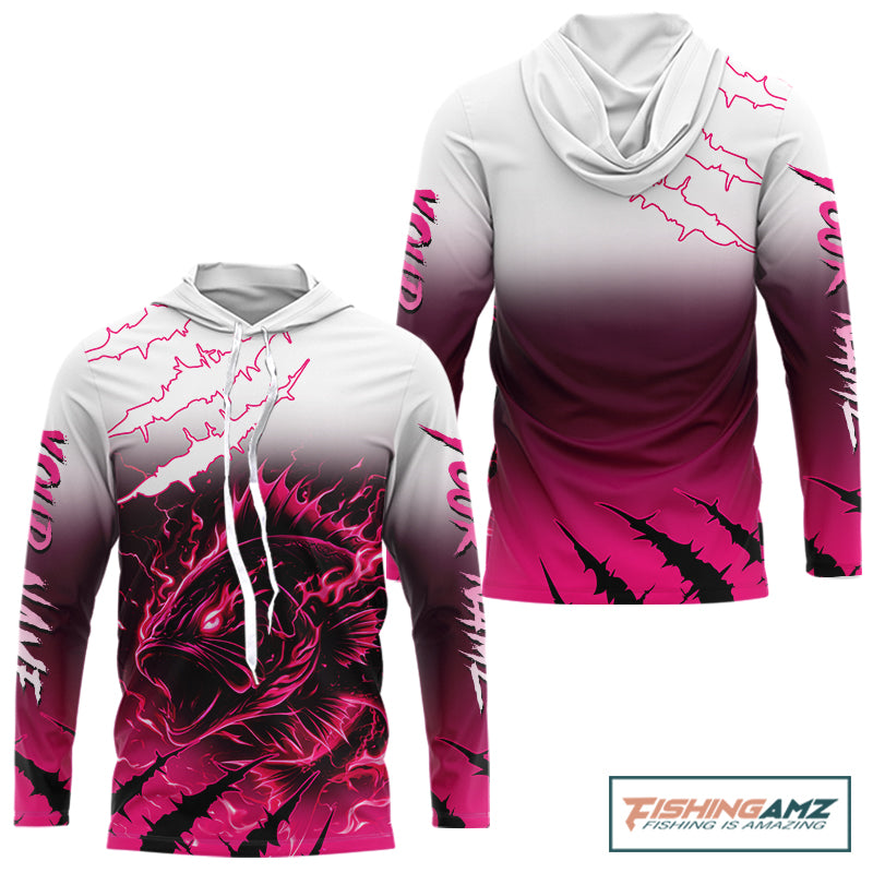 Largemouth Bass Long Sleeve Hooded Fishing Shirts Pink Angry Fish, Bass Fishing Shirts NBT387