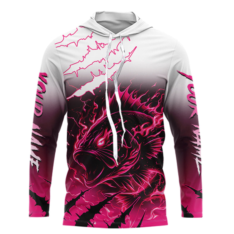 Largemouth Bass Long Sleeve Hooded Fishing Shirts Pink Angry Fish, Bass Fishing Shirts NBT387